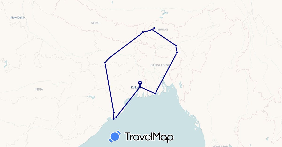 TravelMap itinerary: driving in Bangladesh, Bhutan, India (Asia)