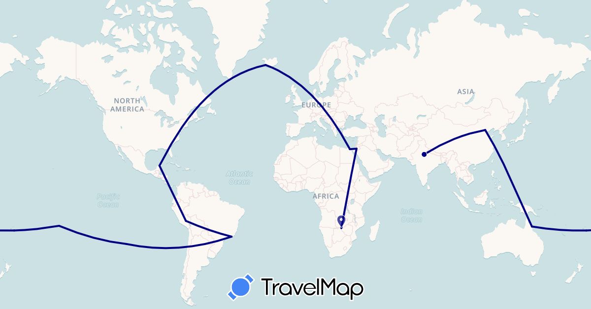 TravelMap itinerary: driving in Australia, Brazil, Chile, China, Egypt, France, India, Iceland, Jordan, Mexico, Peru, Zambia (Africa, Asia, Europe, North America, Oceania, South America)